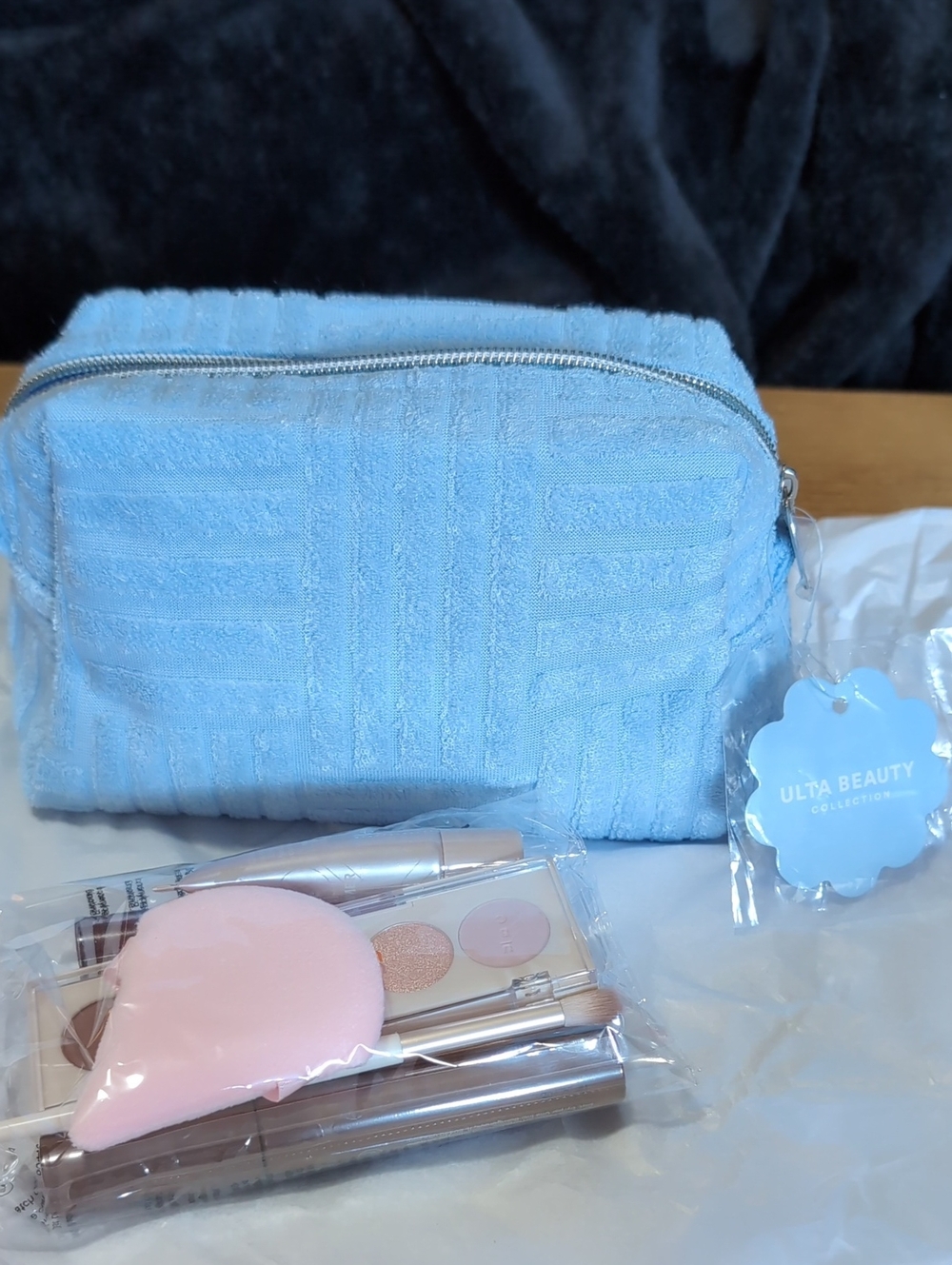 Ulta Beauty Sky Blue Textured Cosmetic Bag with Travel Size Makeup